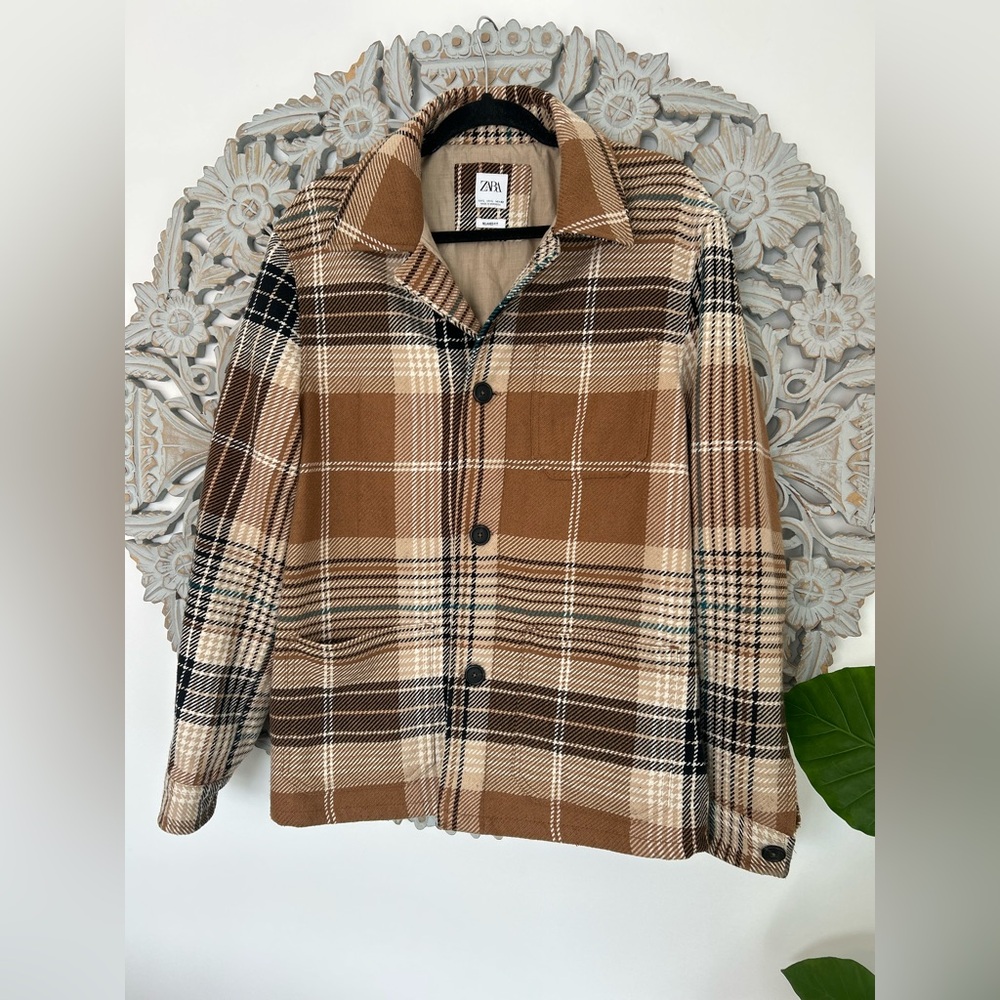 Zara Men’s Relaxed Fit Brown & Tan Plaid Light Fall Jacket | Size Large
